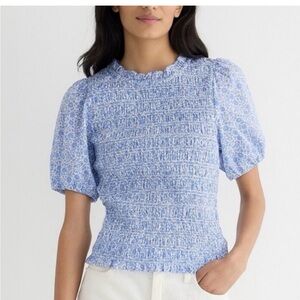 Liberty Art Fabrics for J. Crew D’Anjo Blue White Floral Women's Ruche Puff Top